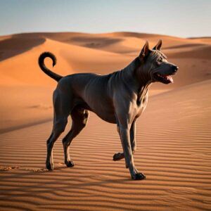 Ridgeback tailandés 5 Ridgeback tailandés explorando un desierto con dunas de arena.
