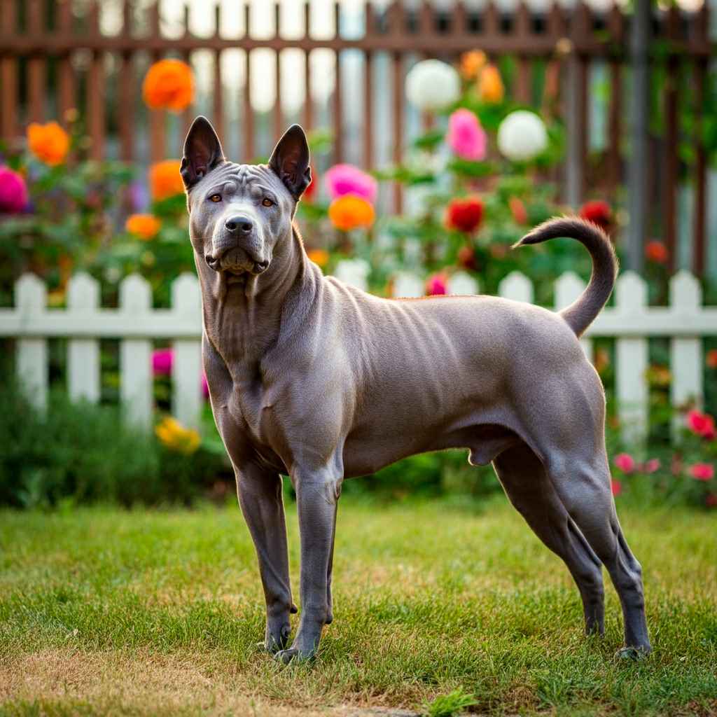 Ridgeback tailandés 3 Ridgeback tailandés de pie en un jardín lleno de flores coloridas.