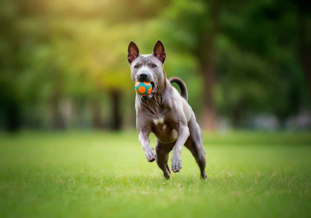 Ridgeback tailandés 9 Ridgeback tailandés corriendo con una pelota en la boca en un parque.