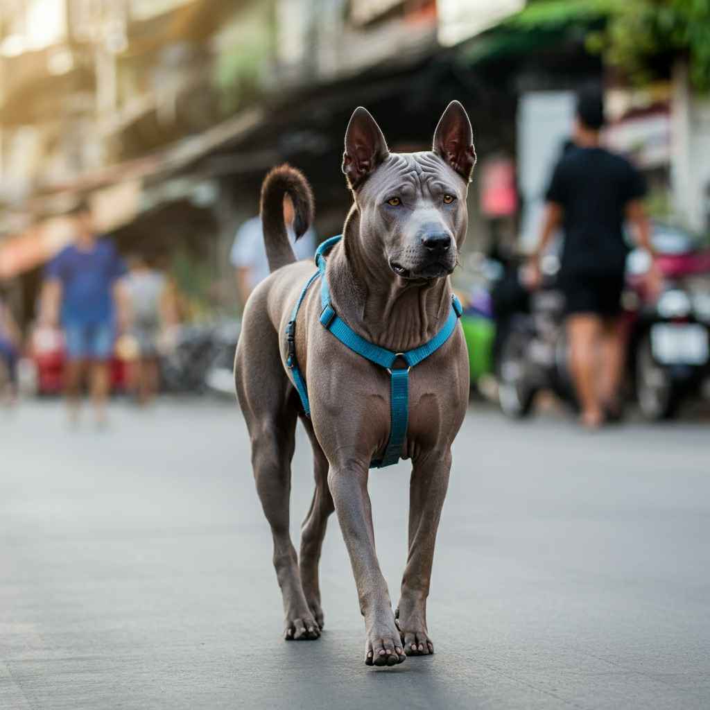 Ridgeback tailandés 12 Ridgeback tailandés con un arnés azul paseando por una calle urbana.