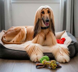 Sabueso Afgano acostado en una cama para perros con juguetes alrededor.