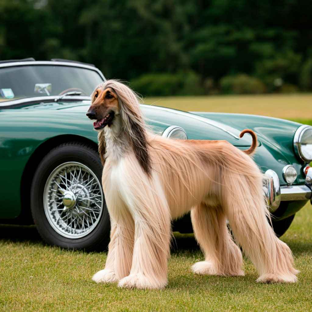 Sabueso Afgano posando junto a un coche clásico verde.