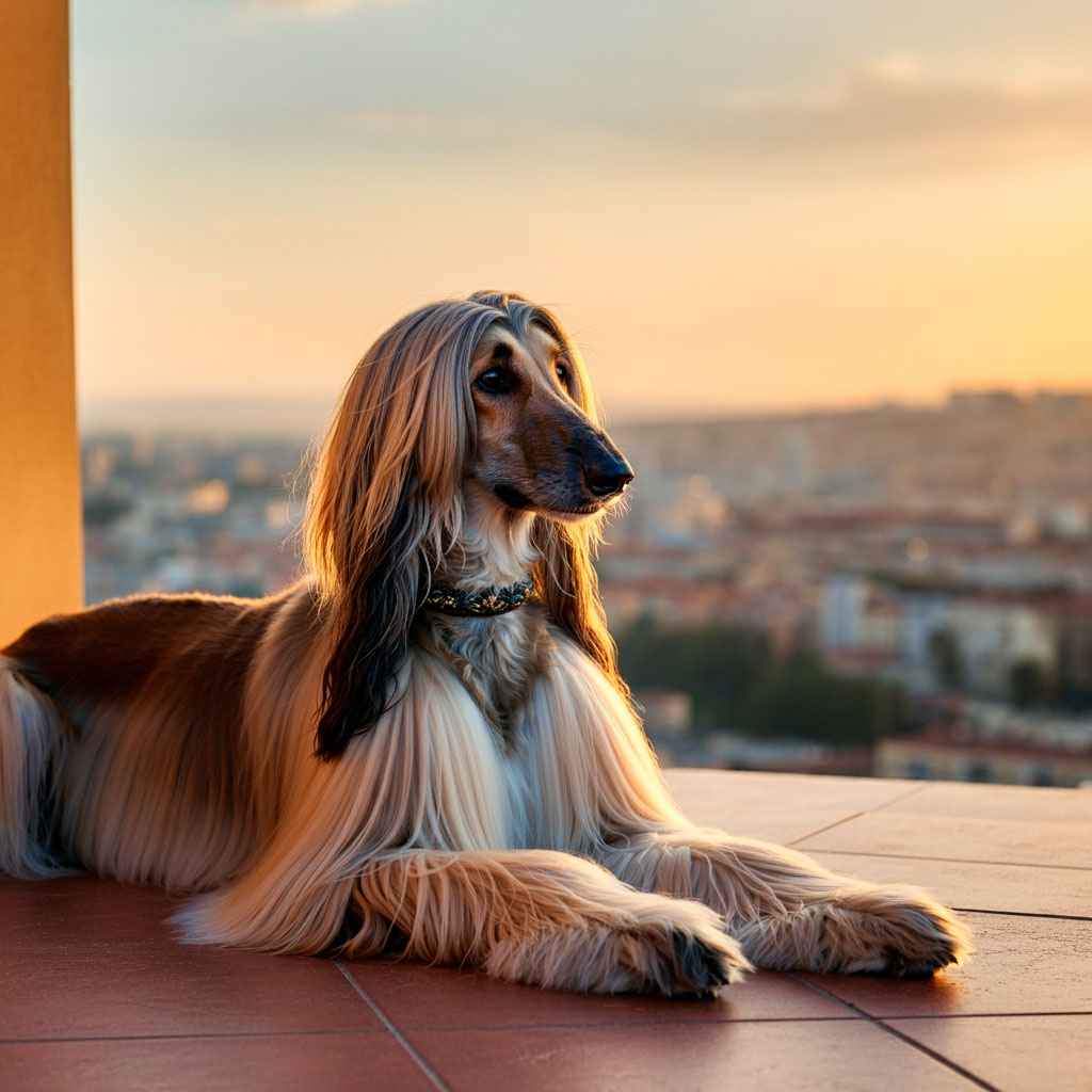 Sabueso Afgano disfrutando de un amanecer en la terraza.