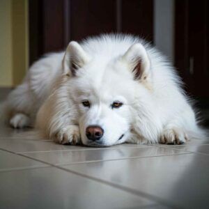 Perro Samoyedo descansando en el suelo con una expresión tranquila.