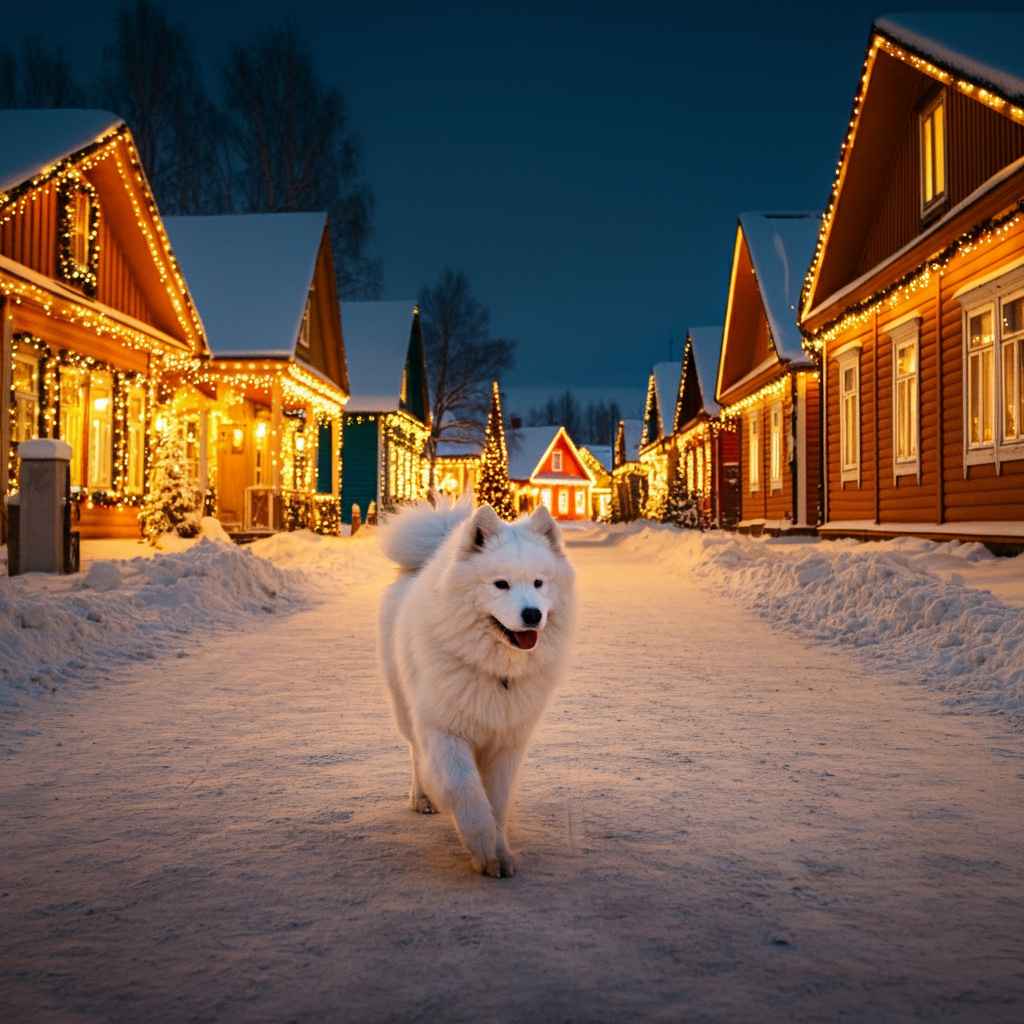 Perro Samoyedo caminando por una calle de un pueblo decorado con luces navideñas.