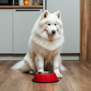 Perro Samoyedo sentado frente a un tazón rojo en una cocina moderna.