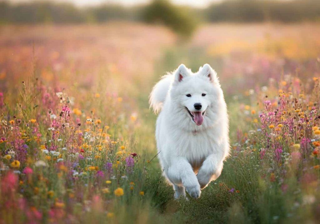 Perro Samoyedo corriendo alegremente entre un campo de flores coloridas.