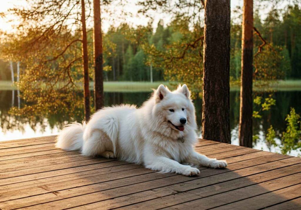 Perro Samoyedo descansando sobre una terraza de madera junto a un lago.