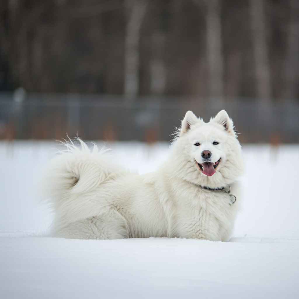 Perro Samoyedo disfrutando de la nieve al aire libre con un rostro feliz.