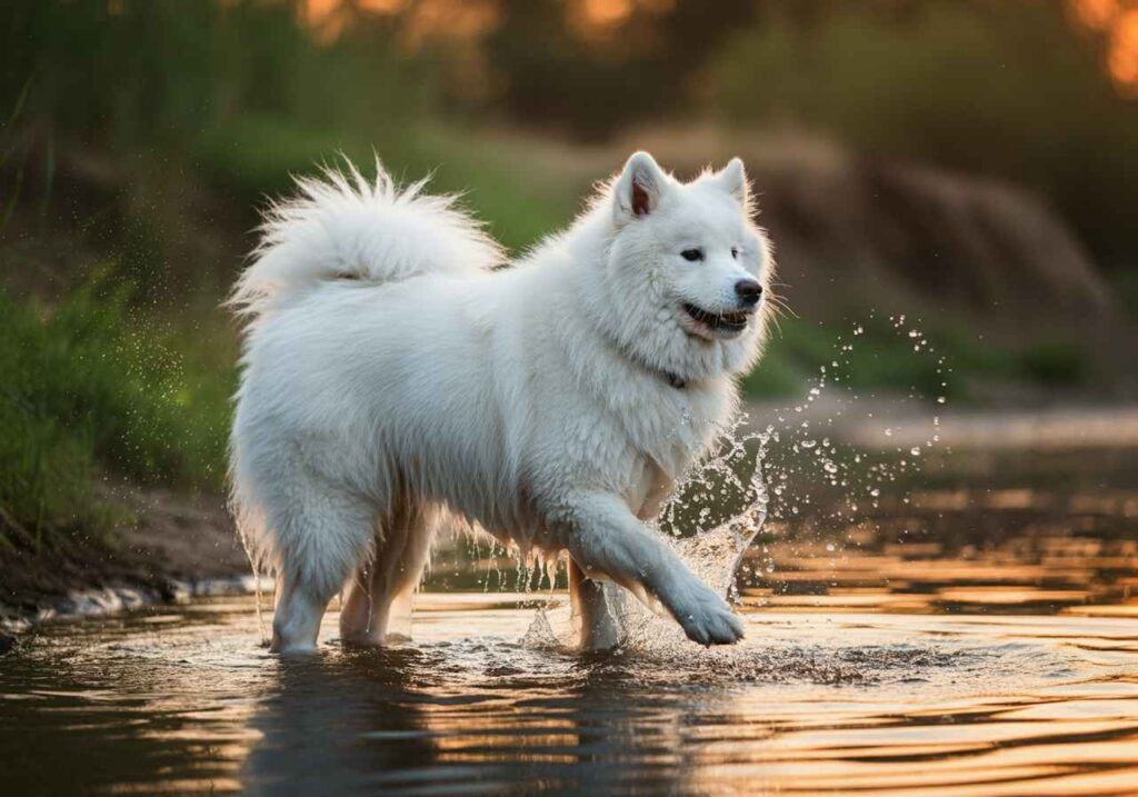 Perro Samoyedo chapoteando en un arroyo al atardecer.