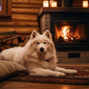 Perro de raza Samoyedo tumbado junto a una chimenea encendida en una acogedora sala de estar.