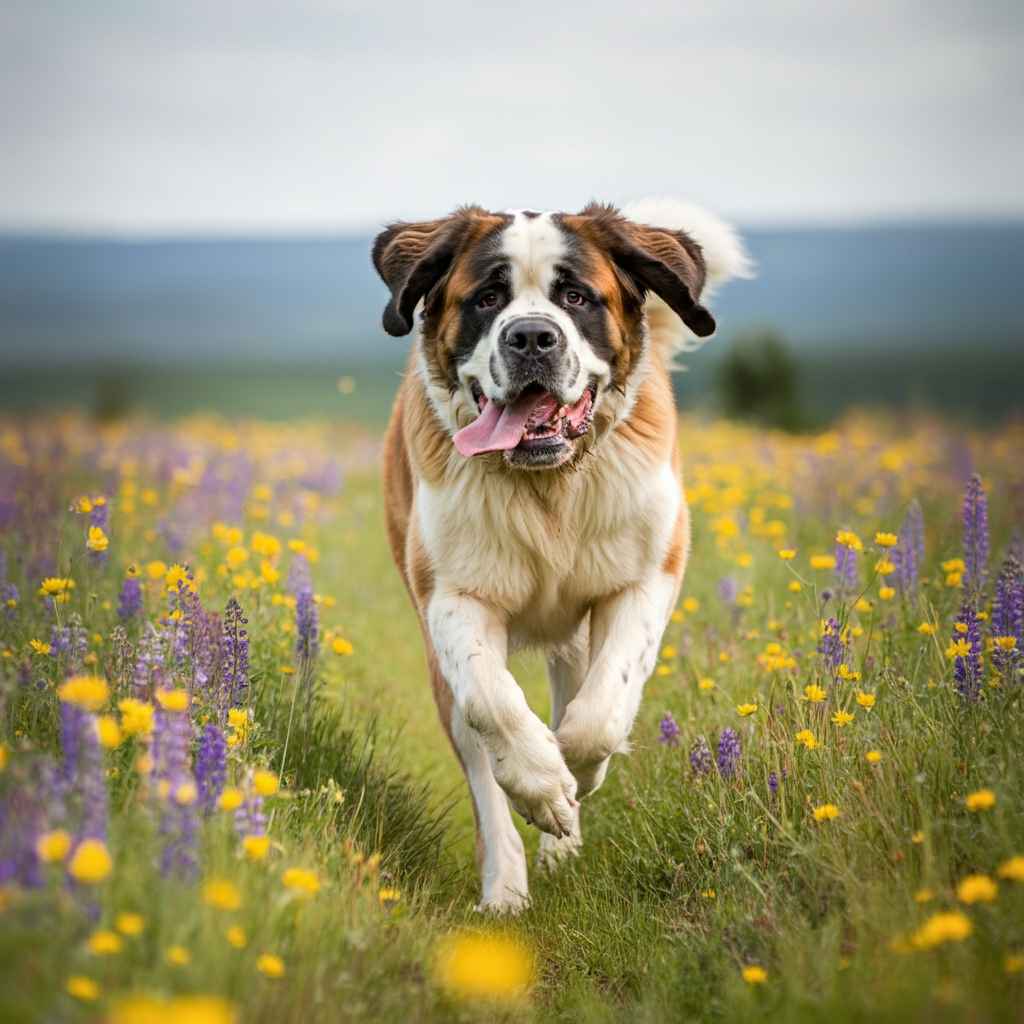 San Bernardo 1 San Bernardo corriendo en un campo de flores