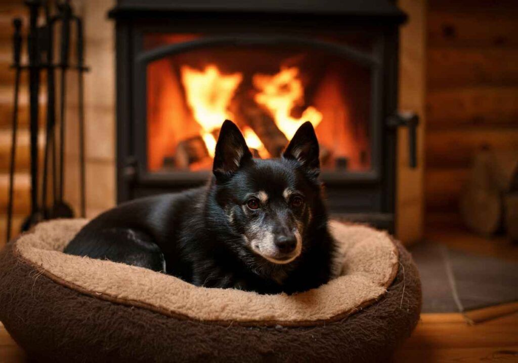 Schipperke 6 Un Schipperke negro descansando en su cama frente a una chimenea encendida.