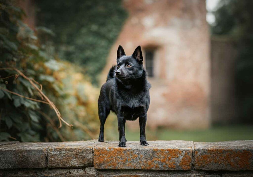 Schipperke 3 Un Schipperke negro de pie sobre una pared de piedra con vegetación de fondo.