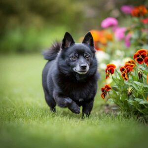 Schipperke 5 Un Schipperke negro corriendo en un jardín junto a flores coloridas.