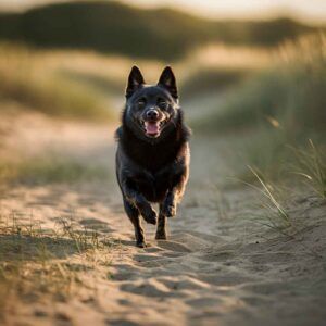 Schipperke 9 Un Schipperke negro corriendo alegremente por un camino arenoso al atardecer.