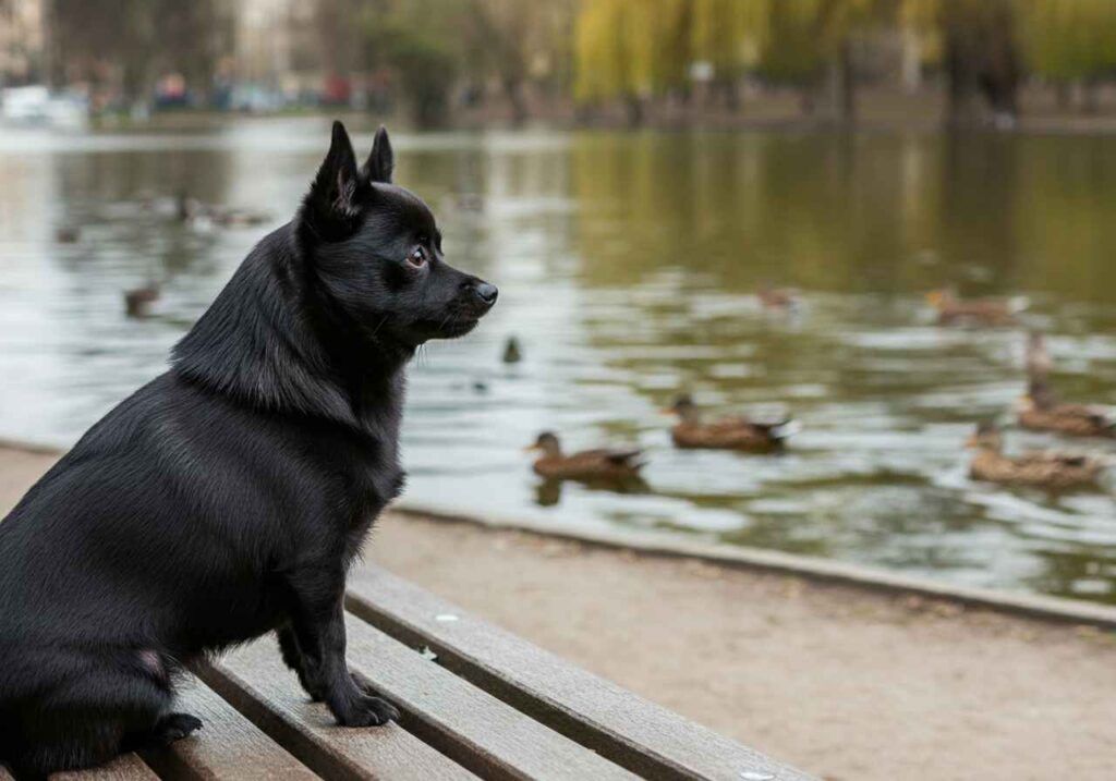Schipperke 7 Un Schipperke negro sentado en un banco de parque observando patos en un lago.