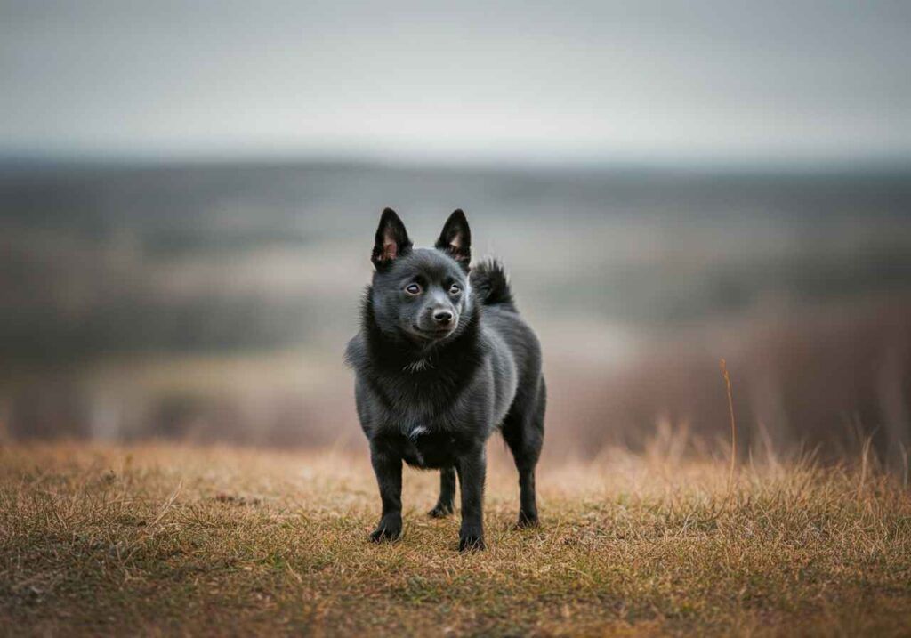 Schipperke 1 Un Schipperke negro de pie en un campo con el horizonte al fondo.