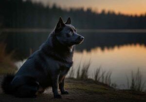 Schipperke 10 Un Schipperke negro sentado cerca de un lago al atardecer.
