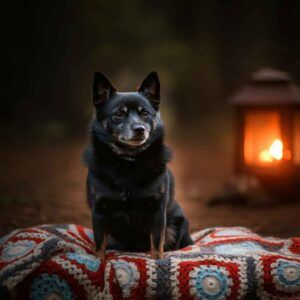 Schipperke 2 Un Schipperke negro sentado sobre una manta decorada junto a una linterna encendida.