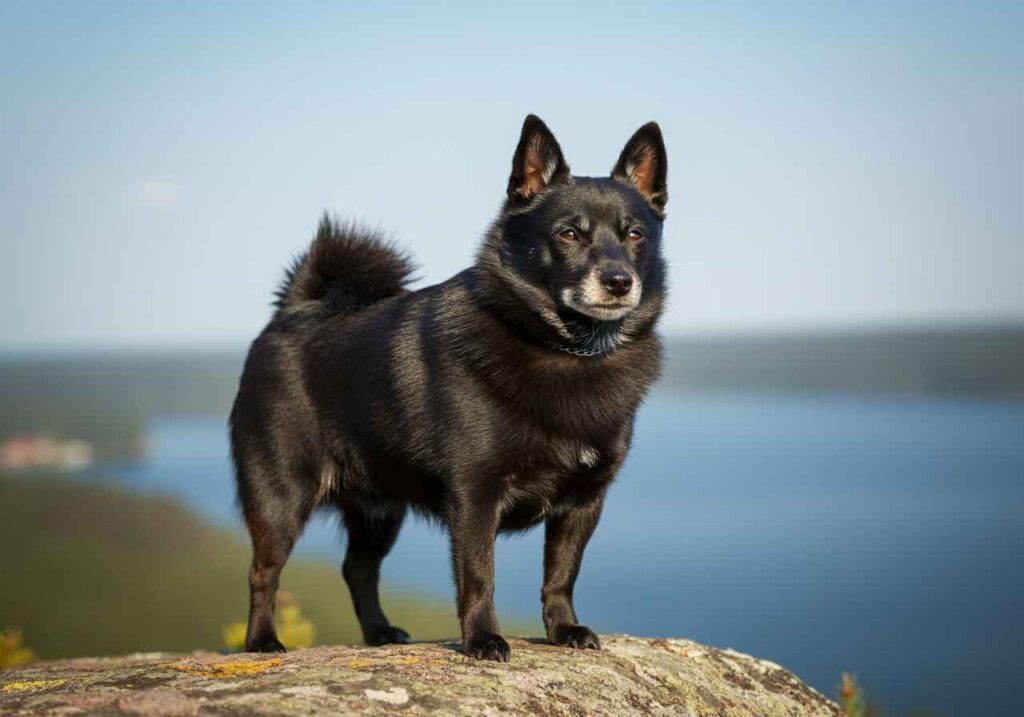 Schipperke 11 Un Schipperke negro posando sobre una roca con un paisaje de fondo.