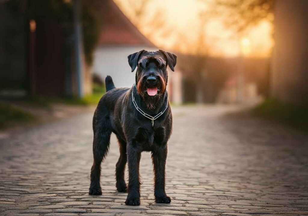Schnauzer Gigante 3 Schnauzer gigante de pie en una calle empedrada al amanecer.