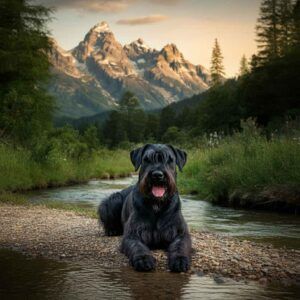 Schnauzer Gigante 10 Schnauzer gigante descansando junto a un río con montañas al fondo.