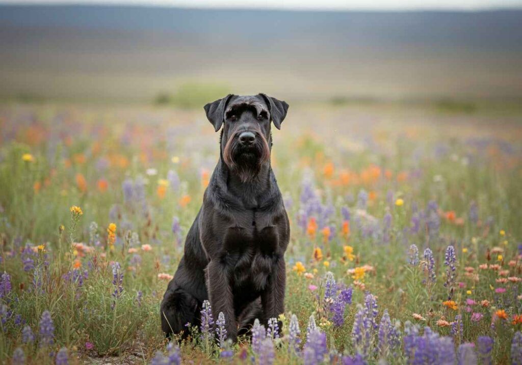 Schnauzer Gigante 1 Schnauzer gigante sentado en un campo lleno de flores de colores.