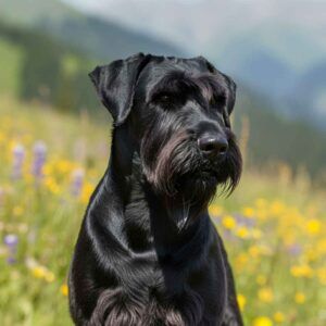 Schnauzer Gigante 4 Schnauzer gigante con flores silvestres y montañas al fondo.