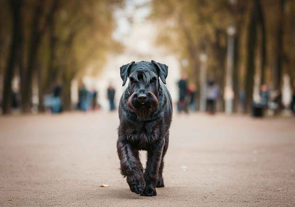 Schnauzer Gigante 7 Schnauzer gigante caminando por una avenida urbana en otoño.