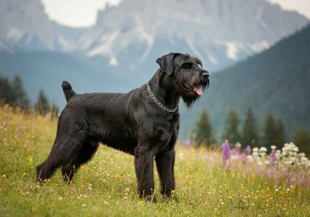 Schnauzer Gigante 6 Schnauzer gigante de pie en un campo con montañas al fondo.