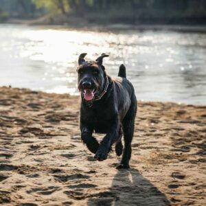 Schnauzer Gigante 8 Schnauzer gigante corriendo por la orilla de un río al atardecer.