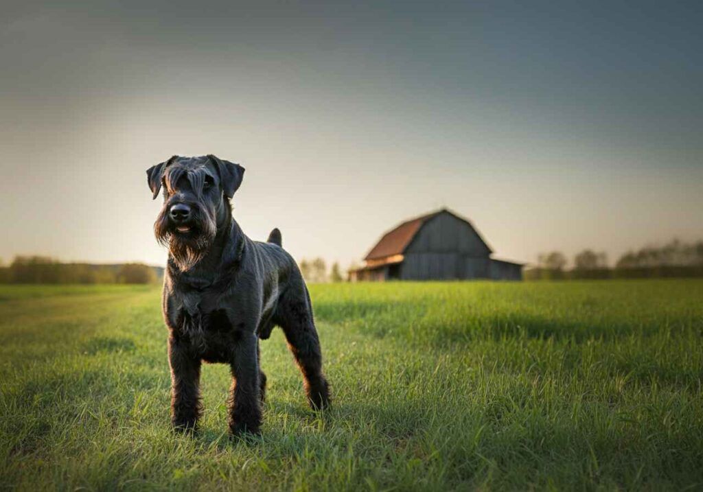 Schnauzer Gigante 11 Schnauzer gigante en una pradera frente a una granja.