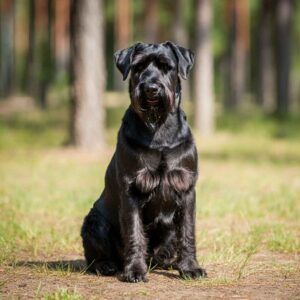 Schnauzer Gigante 5 Schnauzer gigante sentado en un bosque soleado.