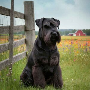 Schnauzer Gigante 9 Schnauzer gigante sentado junto a una cerca en un campo de flores.