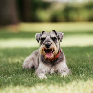 Schnauzer Miniatura 5 Schnauzer Miniatura tumbado sobre el césped con expresión feliz.