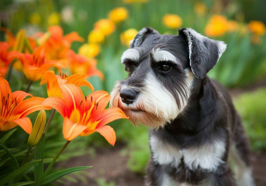 Schnauzer Miniatura 11 Schnauzer Miniatura oliendo flores naranjas en un jardín.