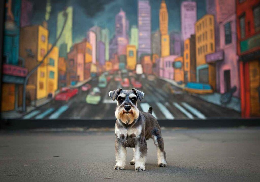 Schnauzer Miniatura 1 Schnauzer Miniatura posando frente a un mural urbano colorido.