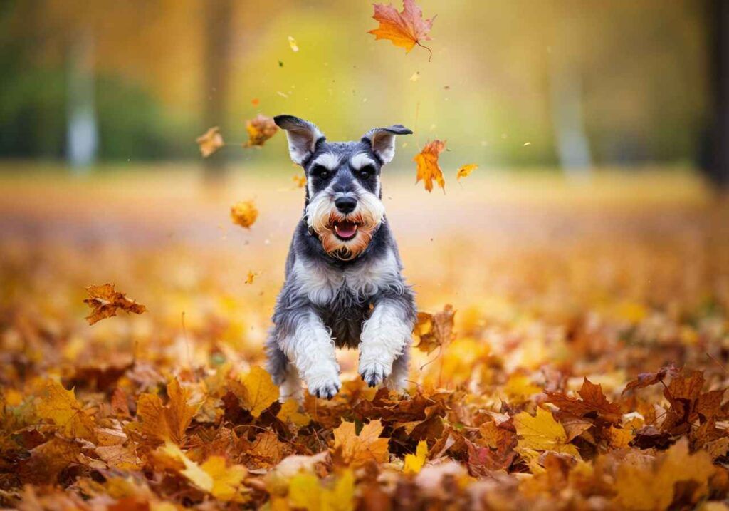 Schnauzer Miniatura 6 Schnauzer Miniatura saltando entre hojas de otoño.