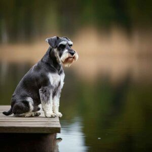 Schnauzer Miniatura 2 Schnauzer Miniatura sentado en un muelle junto al lago.