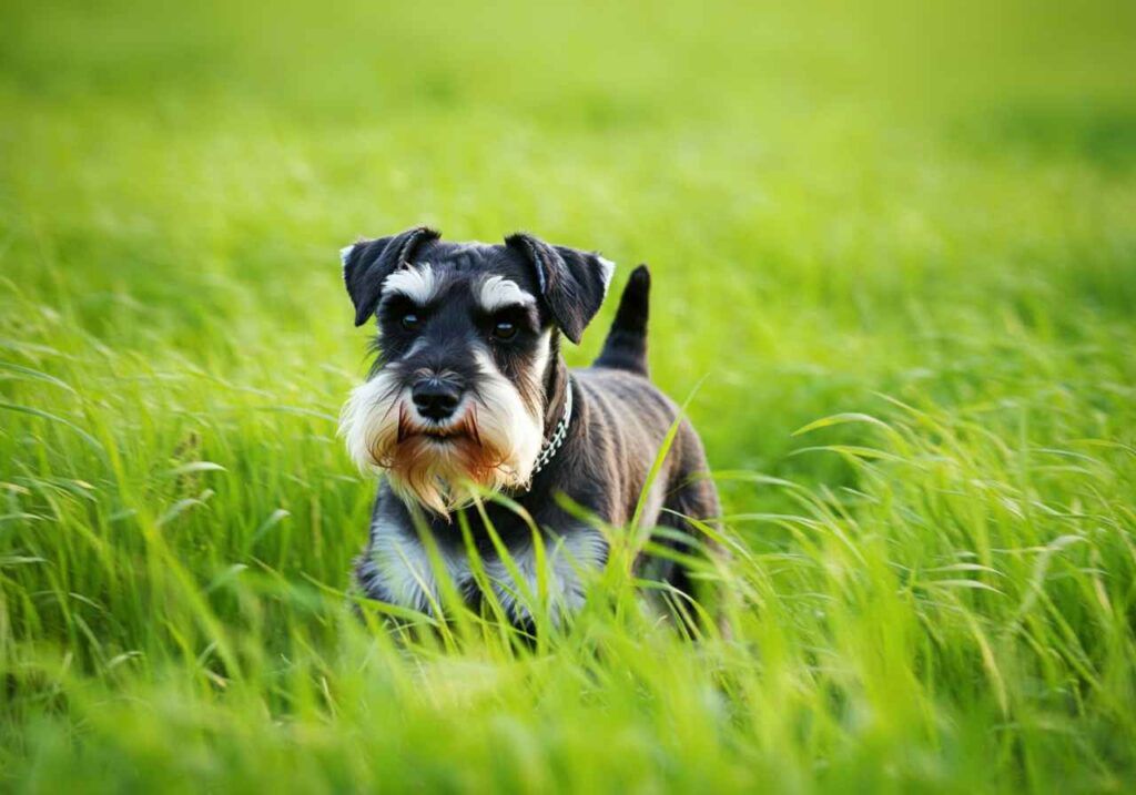 Schnauzer Miniatura 3 Schnauzer Miniatura caminando sobre un pasto verde.