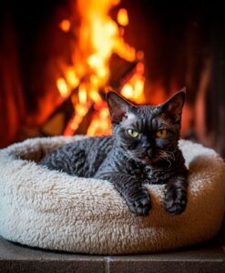 Gato Selkirk Rex negro descansando frente a una chimenea encendida.