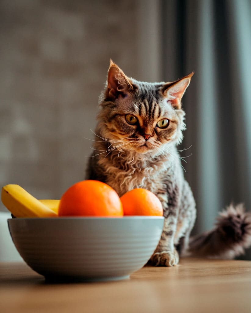 Gato Selkirk Rex observando un bol con frutas en la mesa.
