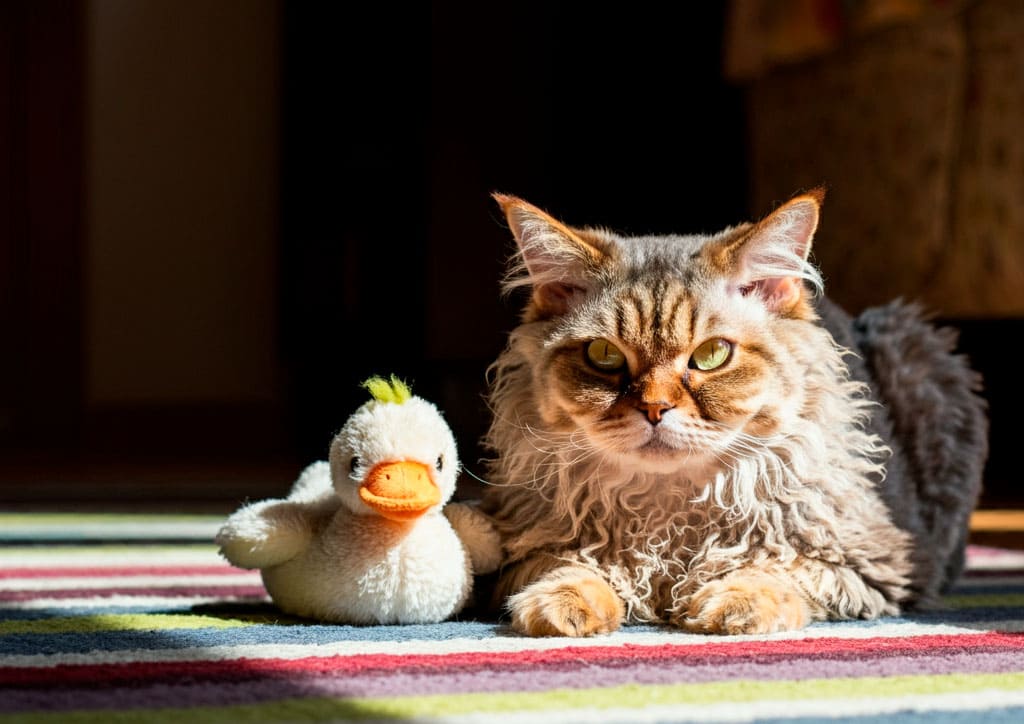 Gato Selkirk Rex junto a un juguete de pato en una alfombra colorida.
