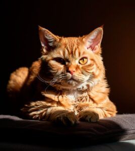 Gato Selkirk Rex rojo mirando directamente a la cámara.