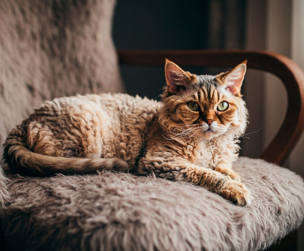 Gato Selkirk Rex descansando en un sillón cubierto de tela suave.