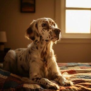 Setter inglés sentado en una cama, iluminado por la luz del amanecer.