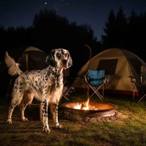 Setter inglés en un campamento nocturno junto a una fogata.