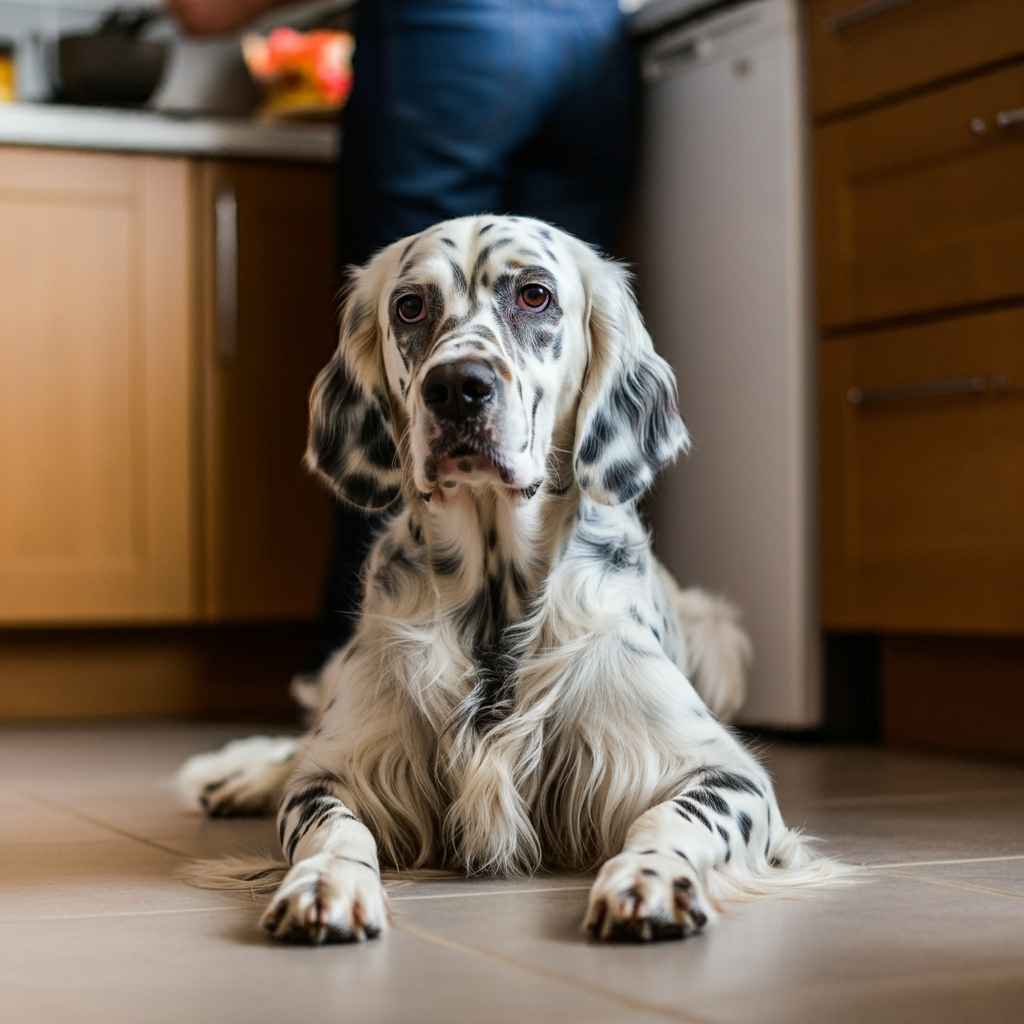 Setter inglés en la cocina, observando atentamente.