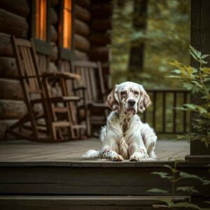Setter inglés descansando en el porche de una cabaña.